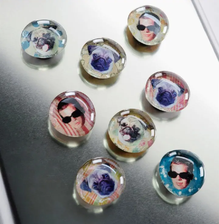 Eight glass magnets on a fridge. Three magnets features a child with sunglasses. Five magnets feature a pug.