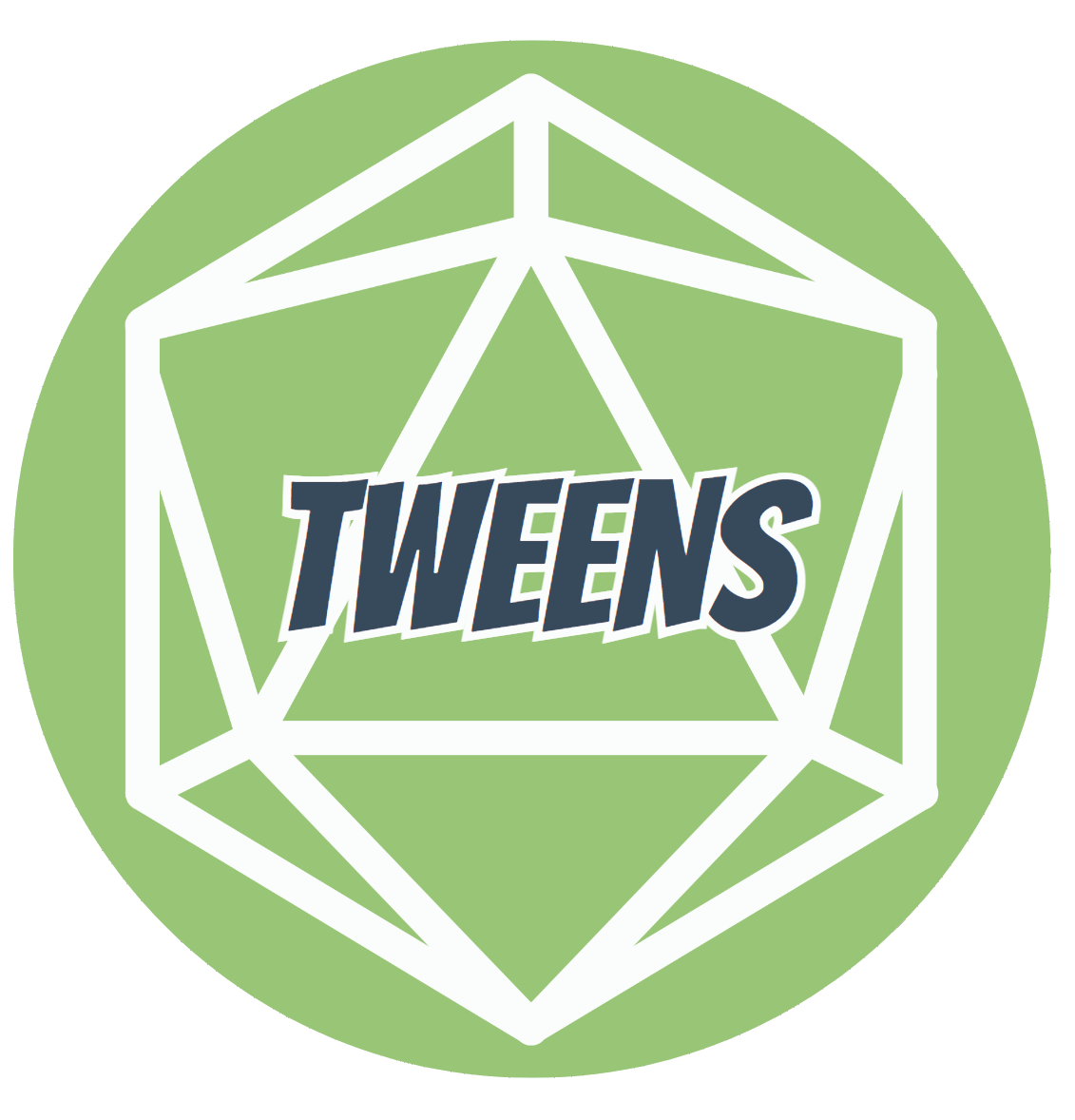 A green circle with a white d20 logo over it. The word "tweens" is written in blue font.