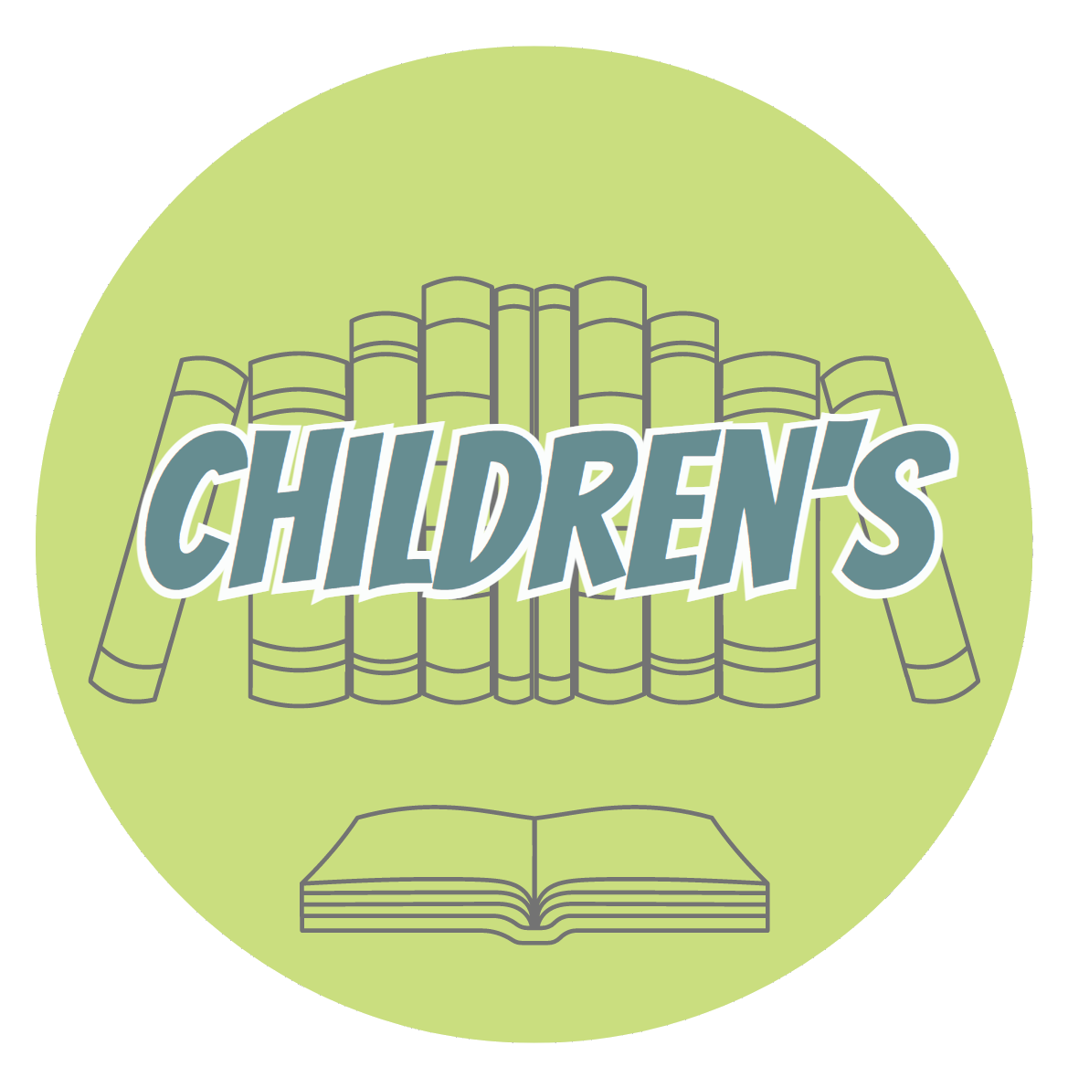 A light green circle with a gray books. The word "children's" in overtop the books in pale blue font.