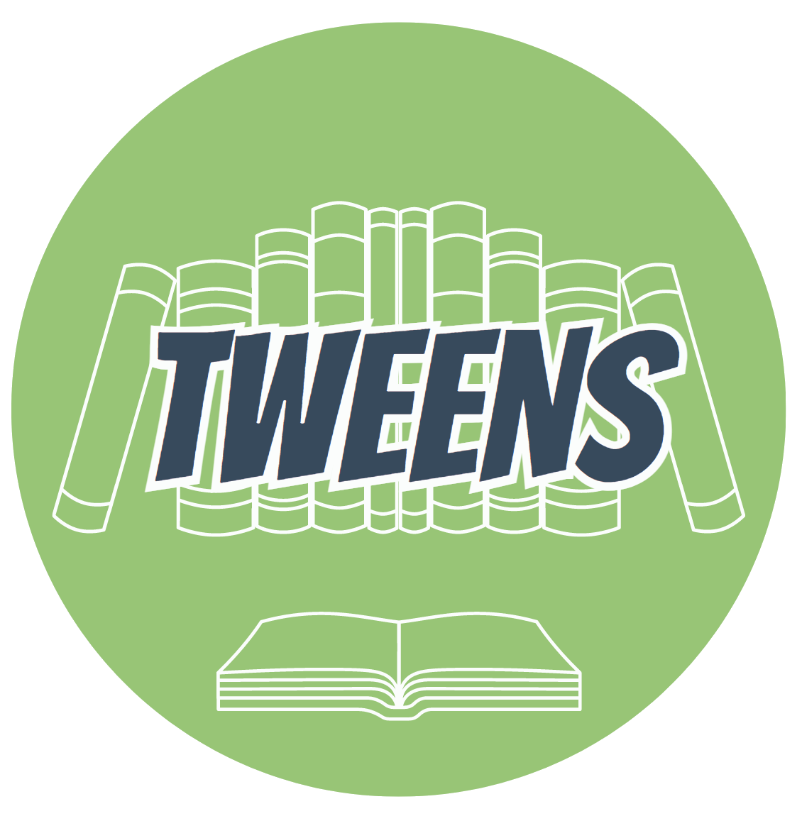A green circle with white books in the background. The word "tweens" in written over the books.