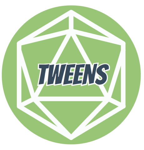 A light green circle with a white outline of a D20 one it. The word "tween" is written in dark blue text.