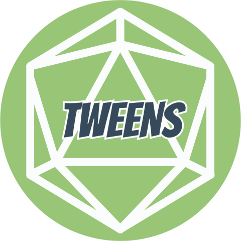 A light green circle with white d20 outline inside of it. Over that, the word "tweens" is written in dark blue font.