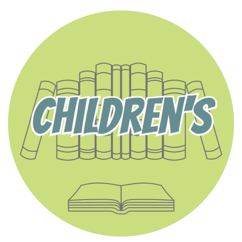 A light green circle with a gray books. The word "children's" in overtop the books in pale blue font.