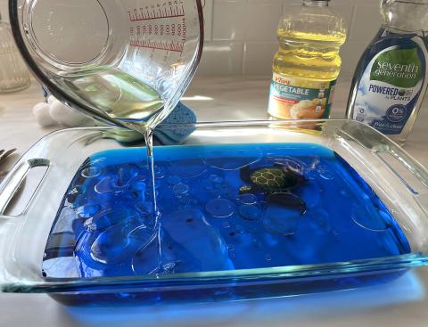 A glass container holds blue water and cooking oil.