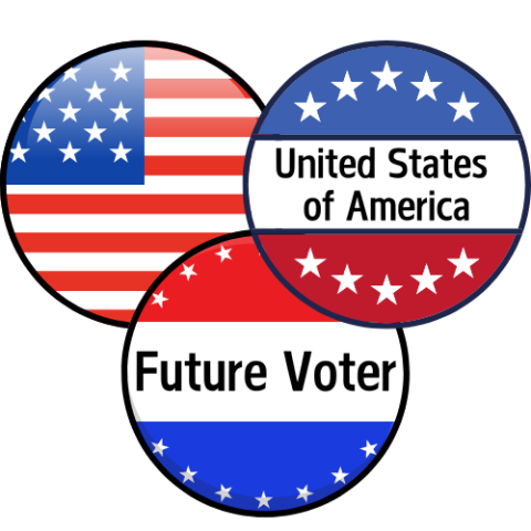 patriotic button pins featuring a flag, "future voter," and "United States of America"