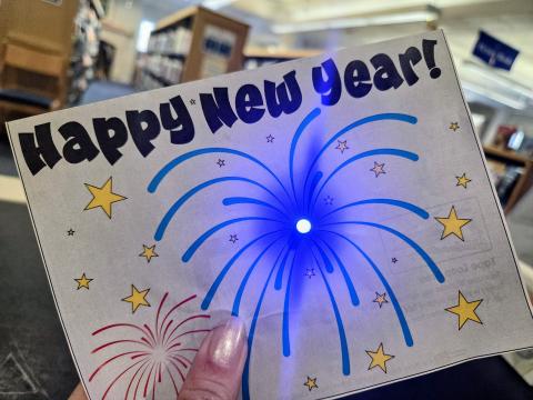 paper circuit New Year's card with light-up firework