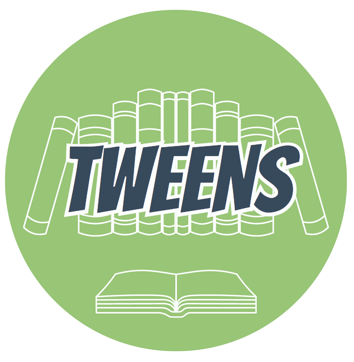 A light green circle with white stacks of books in the middle of it. The word "tweens" in written in dark blue font. There is an open book at the bottom of the circle.