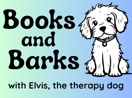 books and barks with elvis the therapy dog, featuring a fluffy white dog
