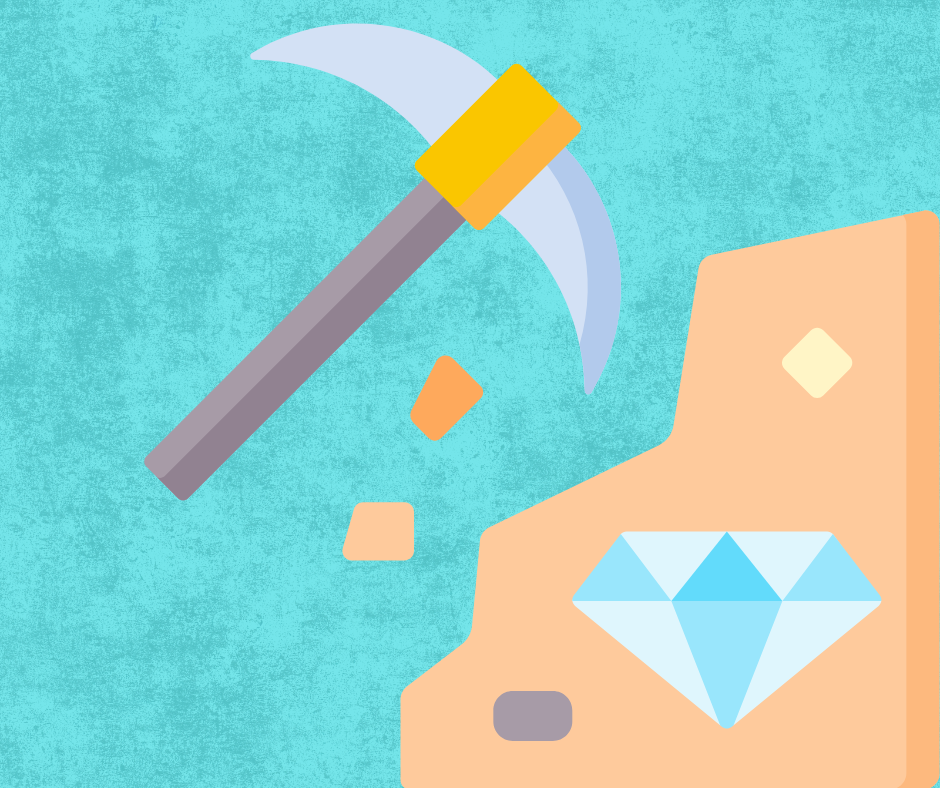 a cartoon pickaxe unburying a gem